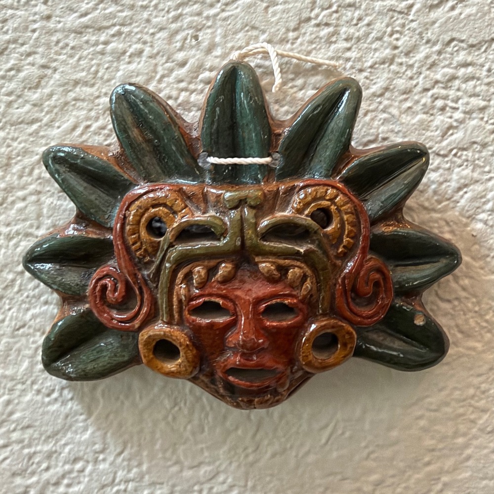Vintage Mayan Aztec Style Clay Mask Wall Hanging Glazed Pottery Folk Art 4x5
